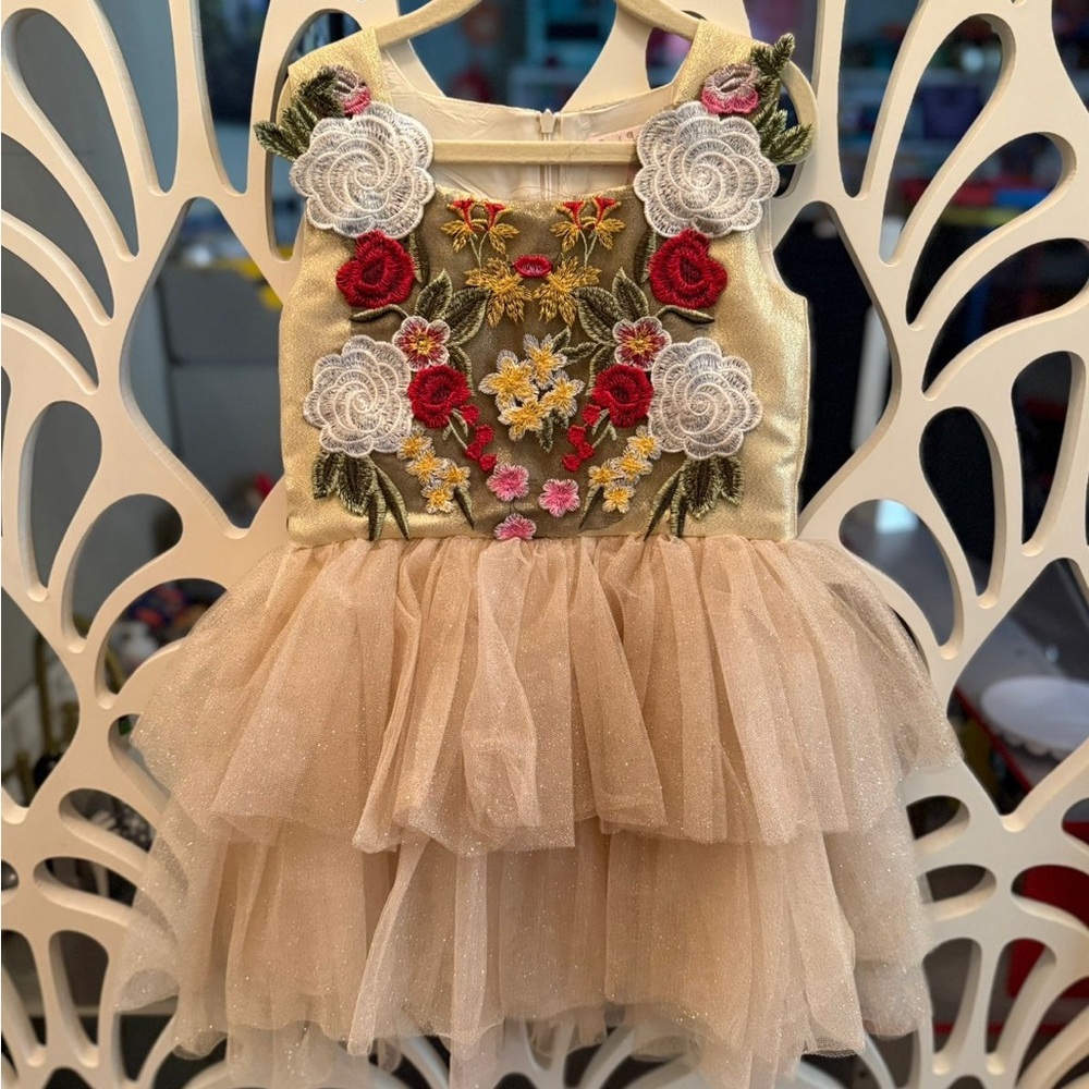 Halabaloo Gold Dress with Floral Embroidery